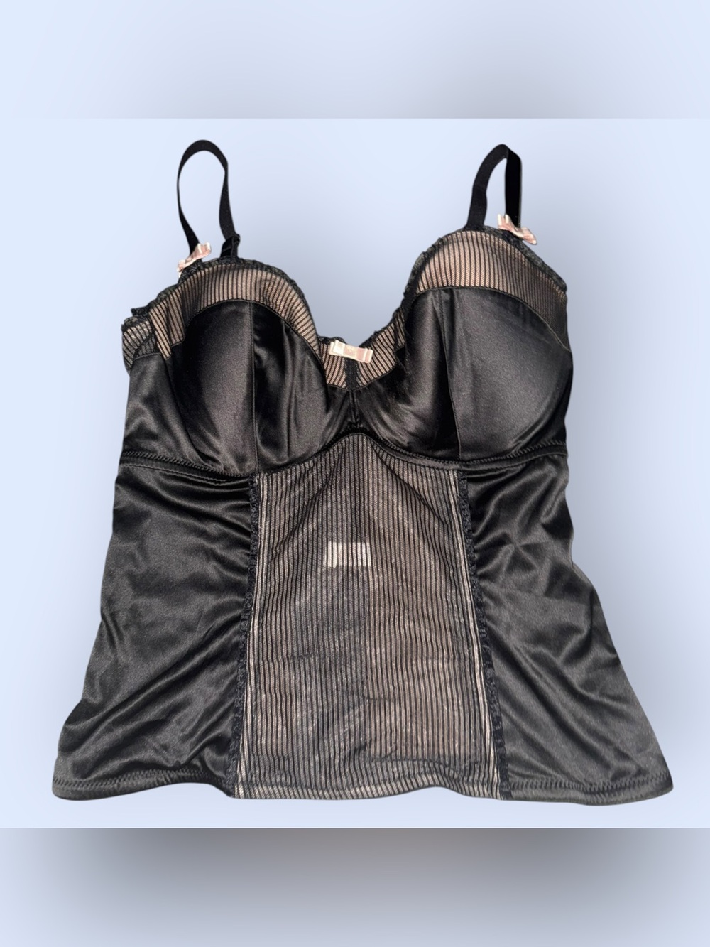 Vintage Parfait Affinitas Black Satin & Sheer-Striped Longline Camisole Corset